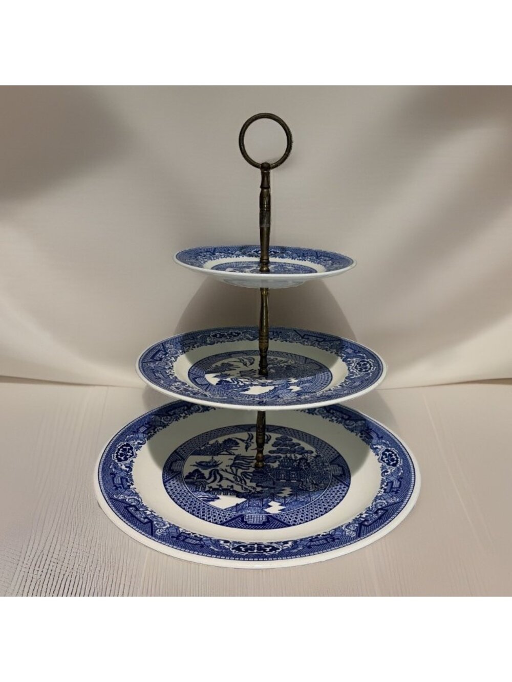 Antique Willow Ware by Royal China 3-Tier Tidbit Tray Dessert Blue Transferware